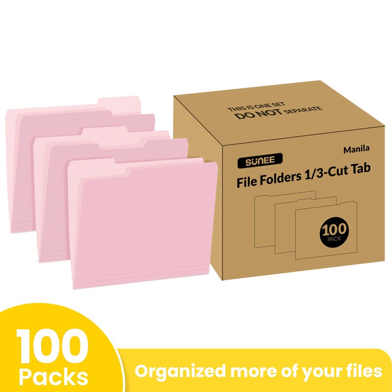 SUNEE File Folders Letter Size Pink, 100 Pack Manilla Folders 8.5 x 11 1/3-Cut Tabs, Colored File Folders Office Home School for Documents Files Paper - Image 2
